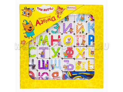 Конструктор "Шнуровка Азбука 3" (серия "Три кота"; 33 детали, 4 шнура, деревянная коробка)