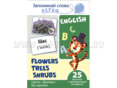 Запоминай слова легко. Цветы, деревья, кусты. 25 карточек. Английский язык