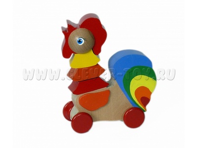 Пирамидка деревянная "Петушок" (5 деталей, на колесиках) - остатки
